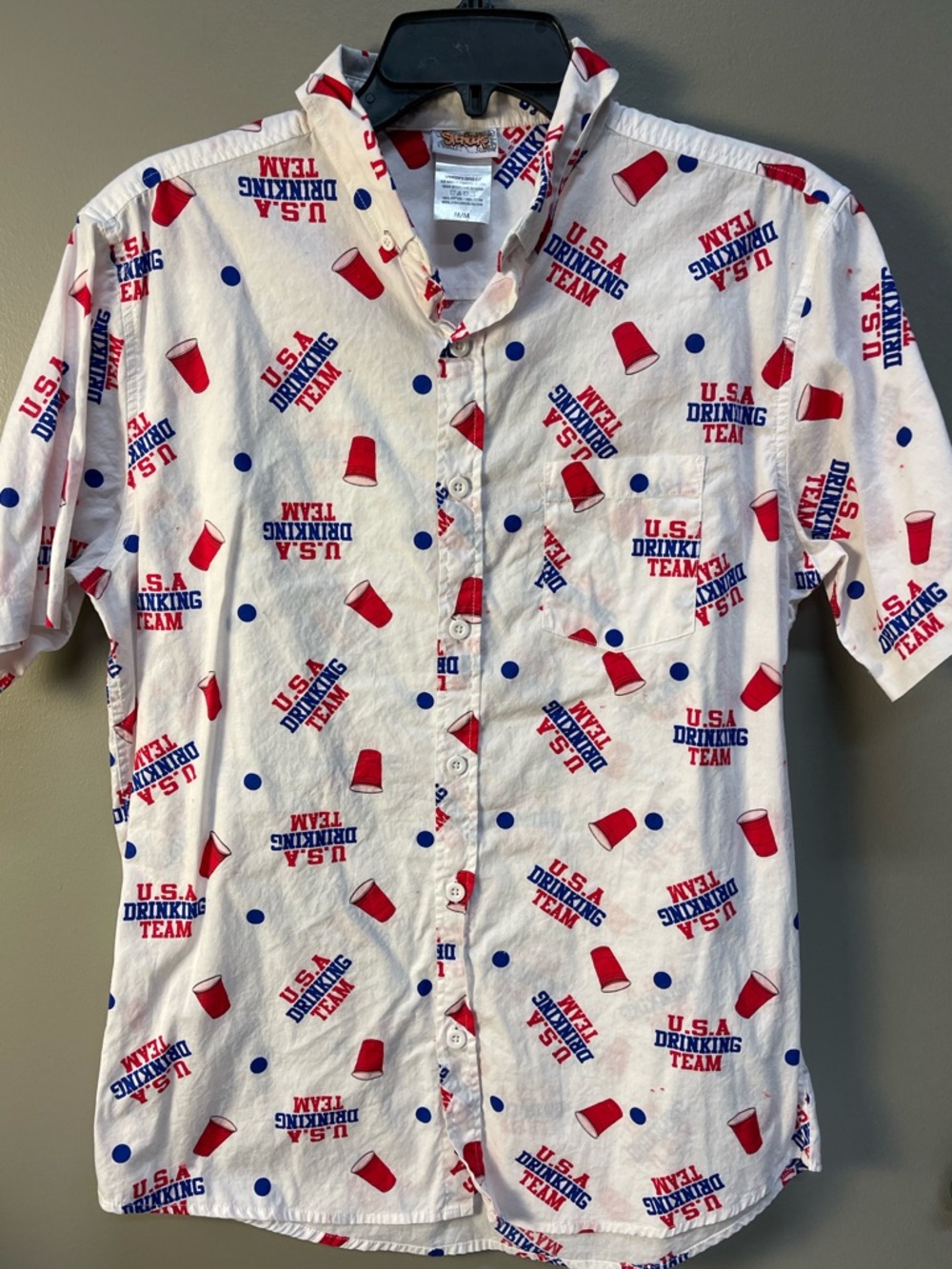 Spencer's White Short-Sleeve Button-Up Shirt with Red & Blue  US Drinking team